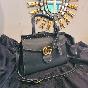 Faux Black Leather Handbag w/ White Stitching & Gold Accents